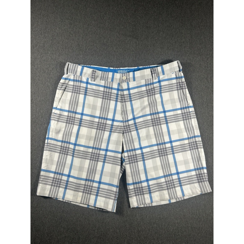 Nike Golf Tour Performance Dri-Fit Plaid Shorts Blue/ White/Grey Men's Size 38